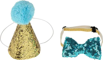 Imagen del producto de Gorro de cumpleaños para mascotas, ideal para gatos y perros, con lazo, para fiestas y disfraces. Color azul
