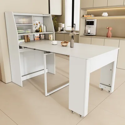 Produktbild von MODFU Ausziehbarer Esstisch, L52/132.5*B80*H76cm, Einweg-Ausziehtisch, Esszimmer-Stauschrank, Esstisch mit Stauraum, Rechteckiger Esstisch, Coffee Lounge Tisch, Platzsparender Multifunktions-Esstisch, Weiß