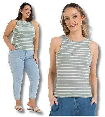 Immagine prodotto di Top da donna - Canotta da donna taglia XL - Canotta da donna verde - Top a righe - Top in cotone