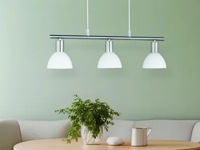 Produktbild von LED Balken Pendelleuchte 3 flammig Glas Lampenschirme Weiß Ø 11cm, 61cm breit