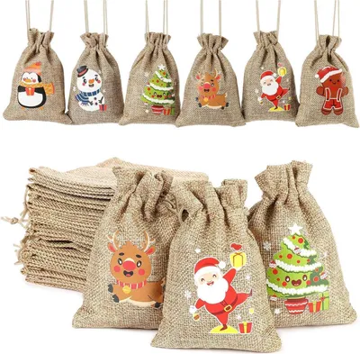 Image de 12 sacs de jute de Noël avec cordon de serrage pour les fêtes Favors