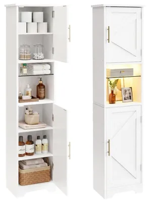 Image de Armoire haute avec éclairage LED, design épuré, autoportante, en bois, de couleur blanche, dimensions : 170 x 40 x 30 cm