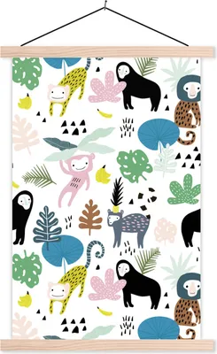 Produktbild von MuchoWow® Textilposter Affen - Blätter - Dschungel 120x180 cm mit holzfarbenen Rahmen - Textil-Plakat