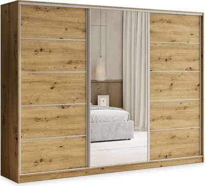 Produktbild von Masseno Schiebetürenschrank PINA 270/205/58 cm Kleiderschrank mit 4 Schubladen Schlafzimmer Schrank 3-türig mit Spiegel Eiche Artisan