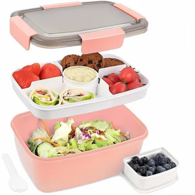 Immagine prodotto di Contenitore per il pranzo per adulti, capacità 2000 ml, a prova di perdite, contenitore Bento con scomparti, contenitore per insalata da portare con sé, forchetta inclusa, contenitore per la colazione, adatto per l'ufficio o la scuola, colore rosa scuro