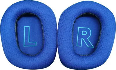 Two blue ear pads for headphones, labeled L and R.