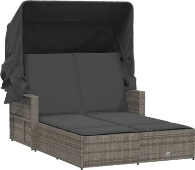 Produktbild von Doppel-Sonnenliege mit Dach und Auflagen Grau Poly Rattan