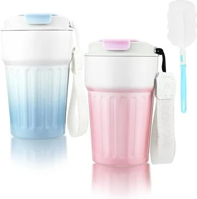 Immagine prodotto di 2 tazze da viaggio termiche da 400 ml, a tenuta stagna, isolate sottovuoto, in acciaio inossidabile, con base antiscivolo, sicure, tazze da viaggio isolate