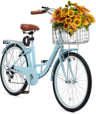 Immagine prodotto di Cruiser Bike Beach - Bicicletta con cestino, pneumatici da 61 cm, regolabile a 7 velocità - Bicicletta da spiaggia blu