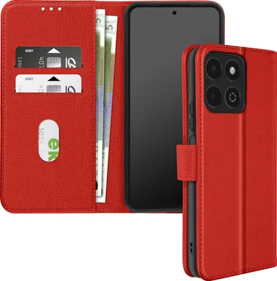 A red leather wallet-style phone case with a phone inside, showing card slots and banknotes.