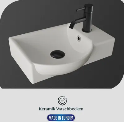 Produktbild von Alpenberger Waschbecken mit Unterschrank Gäste WC 45 cm hängend Eiche Hell Kleiner Waschtisch mit Unterschrank: Keramik & MDF, wandhängend, Soft-Close Tür, mit Überlauf – für Gäste WC & kleine Bäder