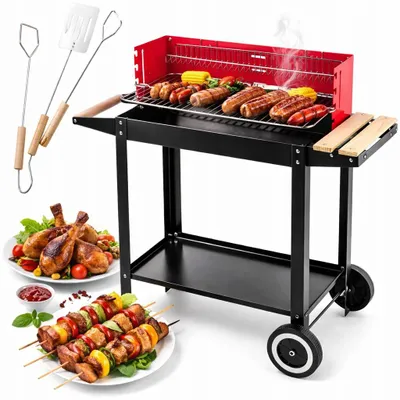 Zdjęcie produktu dla Nowoczesny Grill Ogrodowy Węglowy Na Kółkach Z Pokrywą Ruszt Duży Metalowy Półki 160X200