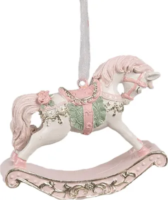 Zdjęcie produktu dla Clayre & Eef 6PR4224 Dekoracyjna, wisząca figurka konika na huśtawce, różowa, 8x2x7 cm, idealna na Boże Narodzenie