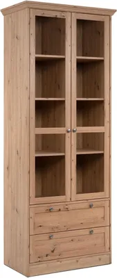 Produktbild von 2749, Vitrinenschrank Landhausstil 2 Schubladen Glastüren Highboard Holz Eiche Vitrine Wohnzimmerschrank
