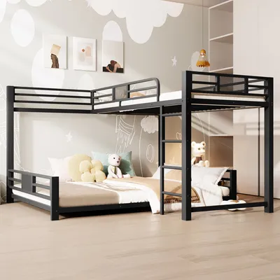 Immagine prodotto di Letto a castello in metallo, dimensioni 90x200 cm sopra e 140x200 cm sotto, forma a L, con sponde di sicurezza, 24 doghe in metallo per ogni letto, capacità di carico fino a 200 kg, colore nero