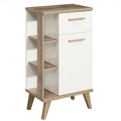 Produktbild von Badezimmer Unterschrank MALANJE-66 in weiß glänzend & Riviera Eiche quer Nb. - B/H/T: 50,5/89,5/33cm