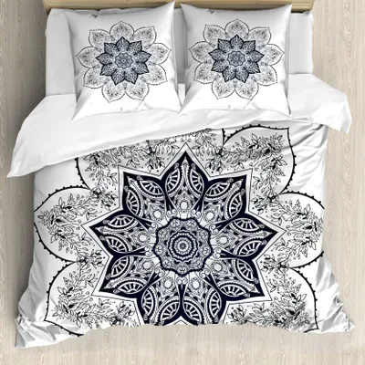 Produktbild von ABAKUHAUS Blatt Bettbezugs Set Für Doppelbetten, Ethnischer spiritueller Bohemian, Milbensicher Allergiker geeignet mit Kissenbezügen, Schwarz Weiß