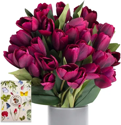 Imagen del producto de Flores artificiales de tulipán, 27 unidades, 30,5 cm de altura, con lazos de satén, para decoración de mesas