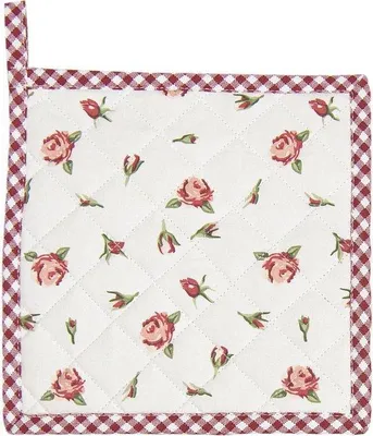 Productafbeelding van Unyqoos® Clayre & Eef ovenwanten, 20x20 cm, 100% katoen met polyestervulling – rood-witte rozenprint in landelijke stijl, met ophangoog