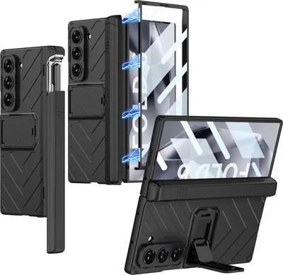 Image de Étui pour Samsung Galaxy Z Fold 6 Résistant aux chocs avec support, protection d'écran intégrée et emplacement pour stylo noir