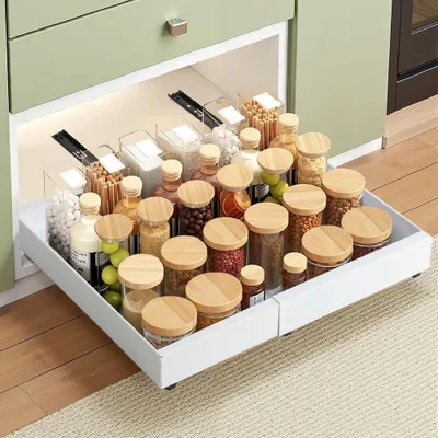 Produktbild von 1 x Teleskopschublade Küchenschrank Ausziehbare Schublade Schrank Organizer Küche Schublade Ohne Bohren 32-52cm Breite x 53 cm Tiefe, KI-generiertes Bild