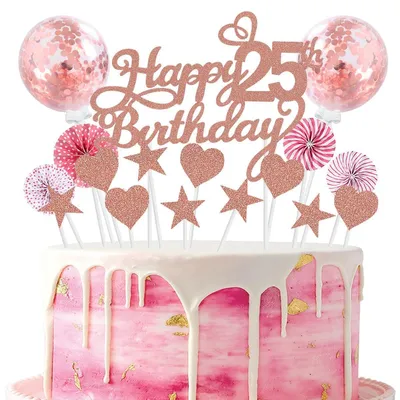Tortendekoration 25. Geburtstag, Roségold, 17-teilig