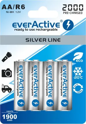 A blister pack of four AA rechargeable batteries.