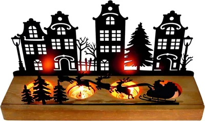 Produktbild von Adventskerzenhalter, Weihnachtsdeko, Kerzenständer aus Holz und Metall, Kerzentablett, Adventskranz, Kerzenleuchter mit Weihnachtsmann und 4 Rentieren