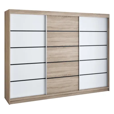 Produktbild von Schwebetürenschrank, 3-türig Schrank 200 cm mit 4 Schubladen, Retrostil Premium! Moderne Garderobe für Kleidung. Verschiedene Farben (Weiß, Schwarz, Somona) Kleiderschrank MES