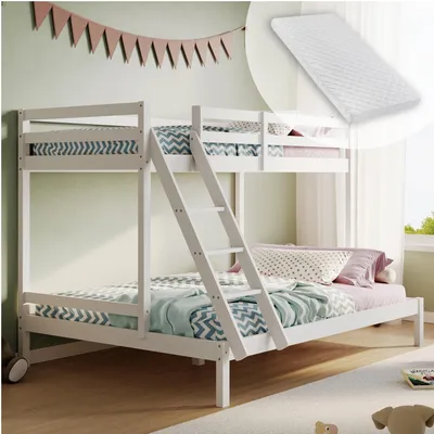 Obrázok produktu pre Poschodová posteľ s veľkou spodnou posteľou (140 x 200 cm), EN 747 a pevná drevená konštrukcia, 206 x 147 x 145 cm, s matracom, biela