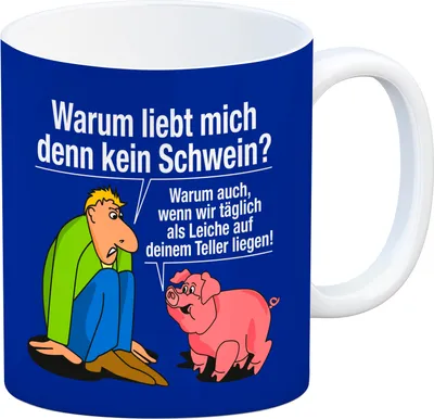 Produktbild von Kaffeebecher in blau zum Thema Fleischesser und Vegetarier mit Schweine Motiv
