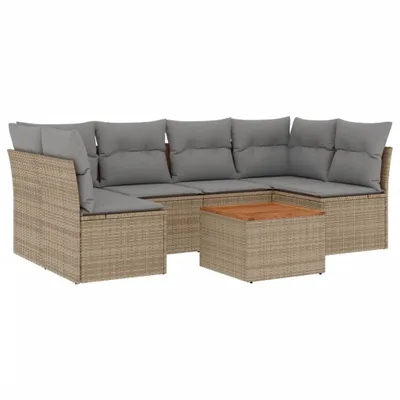 Produktbild von vidaXL 7-tlg. Garten-Sofagarnitur mit Kissen Beige Poly Rattan