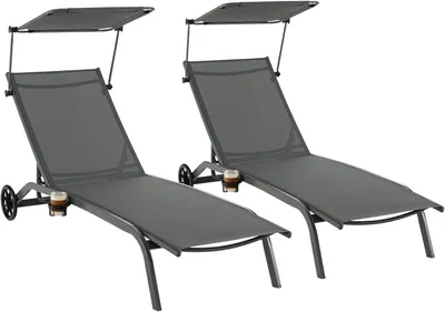 Produktbild von KOMFOTTEU Sonnenliege, Liegestuhl mit verstellbarer Rücklehne & Sonnenschutz, Gartenliege mit Rädern & Getränkehalter, Strandliege aus atmungsaktivem Gewebe, Sonnenliege für Pool & Terrasse & Strand