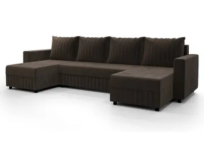 A brown U-shaped sectional sofa is shown against a white background.