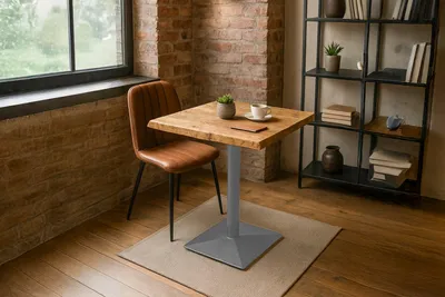Produktbild von Bistrotisch Baumkante massiv Akazie natur 60 x 60 cm Säulengestell Silber INES