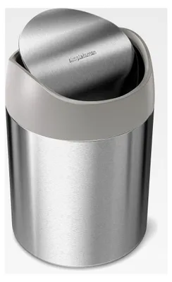 Produktbild von 1,5 Liter Tischabfalleimer mit Schwingdeckel, Mini-Abfalleimer für den Tisch, Kosmetikeimer, kleiner Mülleimer aus gebürstetem Edelstahl mit grauer Oberseite