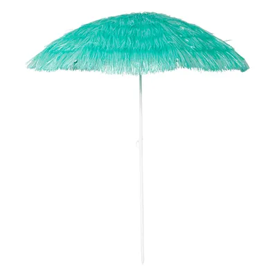 A turquoise beach umbrella with a white pole against a white background.