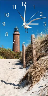 Produktbild von Wallario Design Wanduhr bedruckt, Größe 30 x 60 cm, Motiv: Möwe am Strand mit Leuchtturm