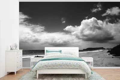 Produktbild von MuchoWow® Fototapete für Wohnzimmer oder Schlafzimmer Wandtapete Vinyl Motivtapete Strand - Schwarz - Weiß - Portugal - 345x220 cm - Wohnzimmertapete