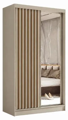 Productafbeelding van 120 cm kledingkast Erika met lamellen en spiegel, schuifdeuren, kledingstang, garderobe (kleur: kasjmier, artisan)