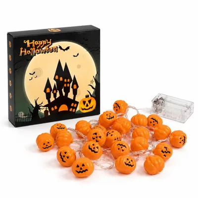 Produktbild von Halloween Lichterkette mit 20 LED-Kürbissen – 3 m batteriebetriebene Kürbis-Lichterkette mit warmem Licht – Deko für Fenster, Tisch und Party, KI-generiertes Bild