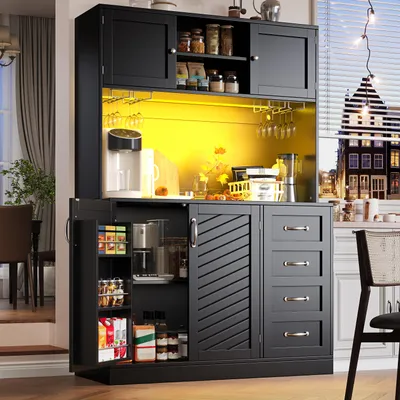 Immagine prodotto di Credenza 120 x 40 x 188 cm con illuminazione LED, ripiano per snack, portabottiglie, 4 ante e 2 cassetti, nero