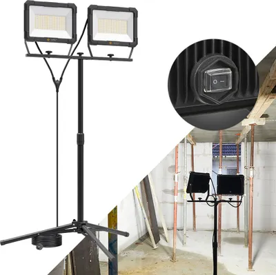 A collage showing a portable LED work light with a tripod stand on a white background and a close-up of the switch, and another image of the work light set up in a construction site.