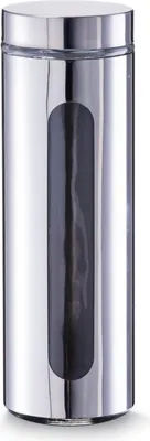 A tall, cylindrical stainless steel storage jar with a clear window.