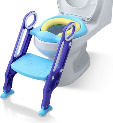 Produktbild von TRMLBE Toilettensitz Kinder mit Treppe Faltbar Töpfchentrainer Höhenverstellbar WC Trainer mit PolyurethanGepolstert Kissen und Griffen Töpfchen für Kinder von 1-7 Jahren Kleinkinder - Blau und Lila