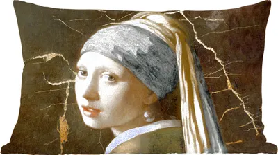 Produktbild von MuchoWow® Zierkissen Sofakissen Wohnzimmer Dekokissen 50x30 cm Mädchen mit Perlenohrring - Vermeer - Marmor - Wohnzimmerdekoration - Polster mit Photo