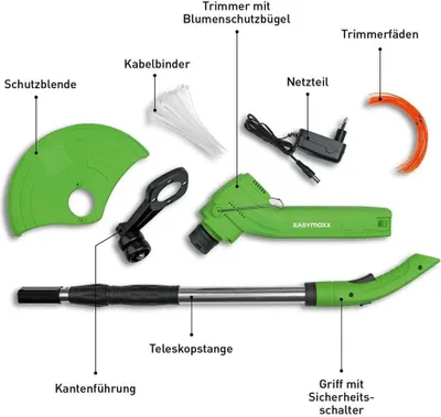 Produktbild von EASYmaxx Akku-Rasentrimmer Kabelloses Rasentrimmen mit langanhaltendem Akku Höhenverstellbarer Teleskopgriff Blumenschutz und schneller Klingenwechsel durch Kabelbinder-Design