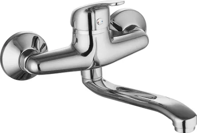 A chrome kitchen faucet mounted on a white background.