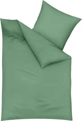 A neatly folded green duvet cover and a pillowcase, presented on a white background.