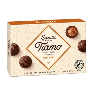 A box of Sarotti Tiamo Cognac chocolates.